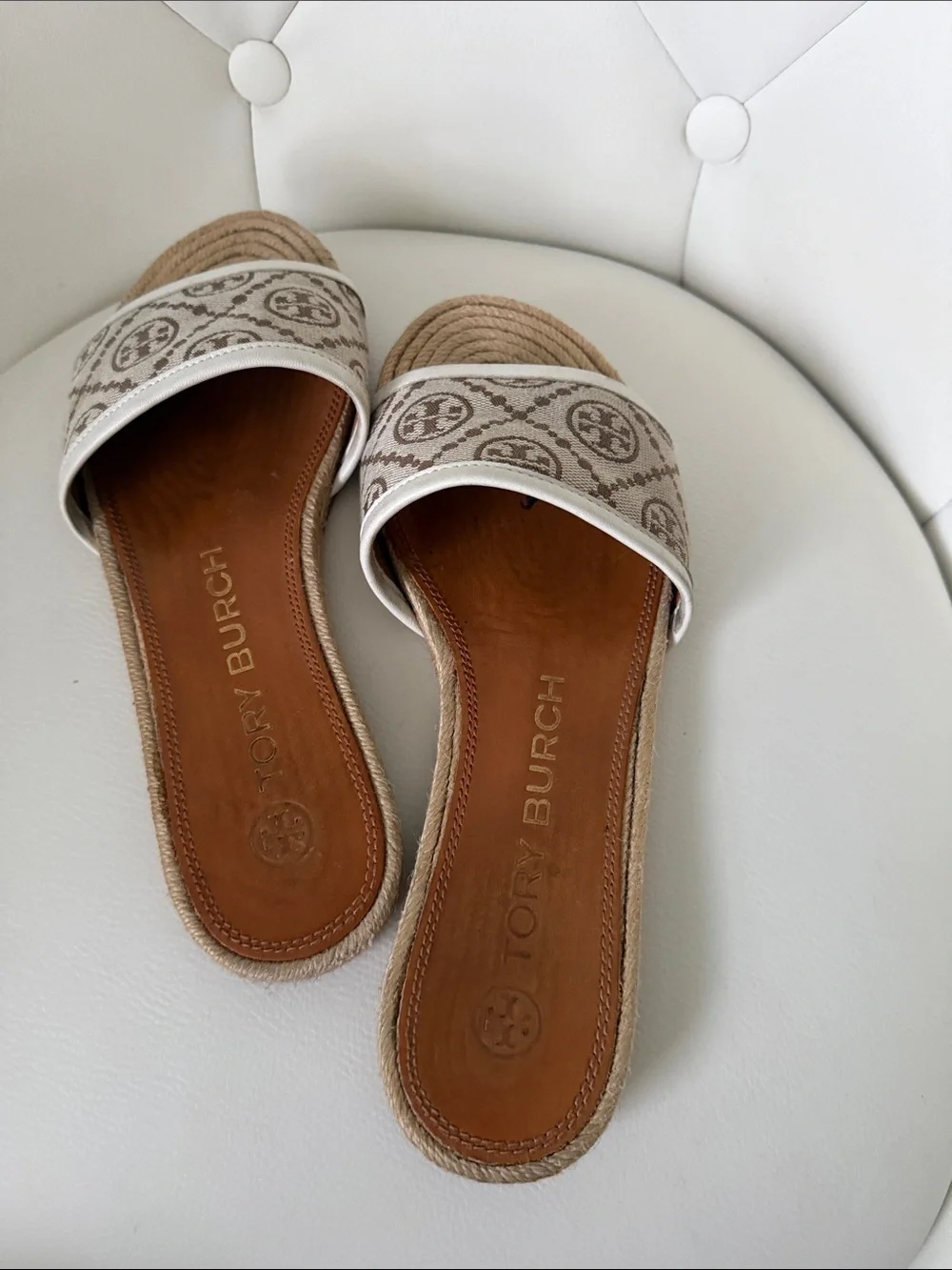 Tory Burch Women's T Monogram Espadrille Slide Natural Beige Size 7